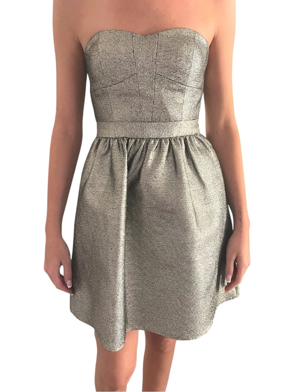 Aidan by Aidan Mattox Metallic Gold/Black Strapless Fit and Flare Mini Dress (0)